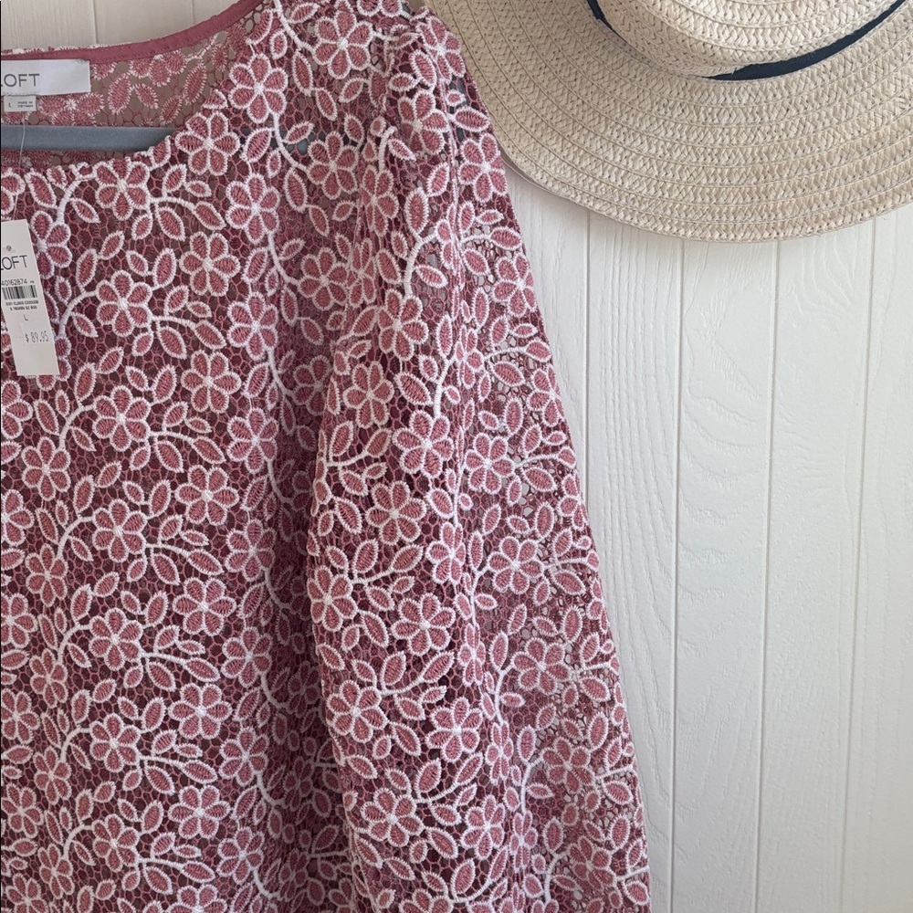 NWT LOFT Mauve Pink Floral Lace Overlay Long Sleeve Blouse - Picture 2 of 7
